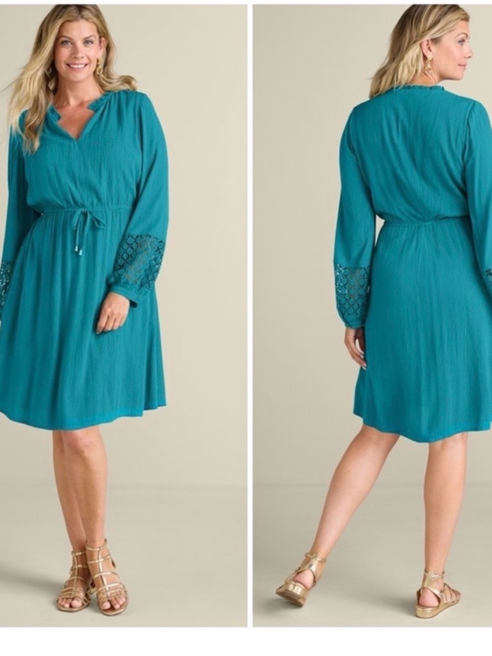 Soft Surroundings Teal Crochet-Sleeve Drawstring Dress